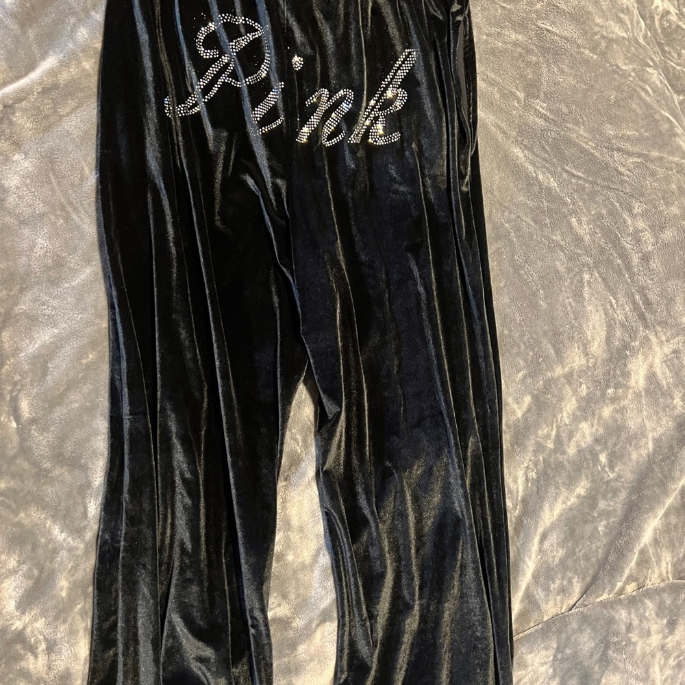 PINK Black Velvet Pants with Rhinestone Detail
